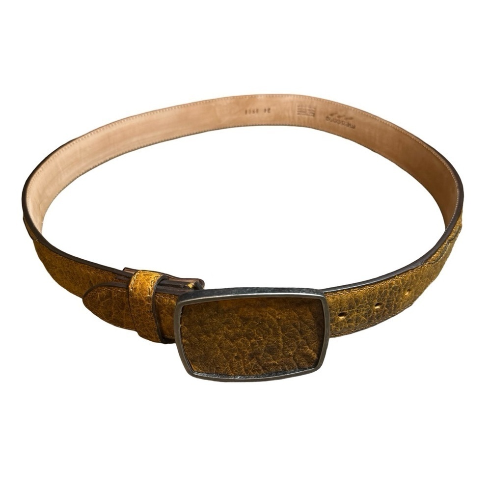 Messicano Leather Belt with Textured Buckle, Size 34, Tan, Like New Condition